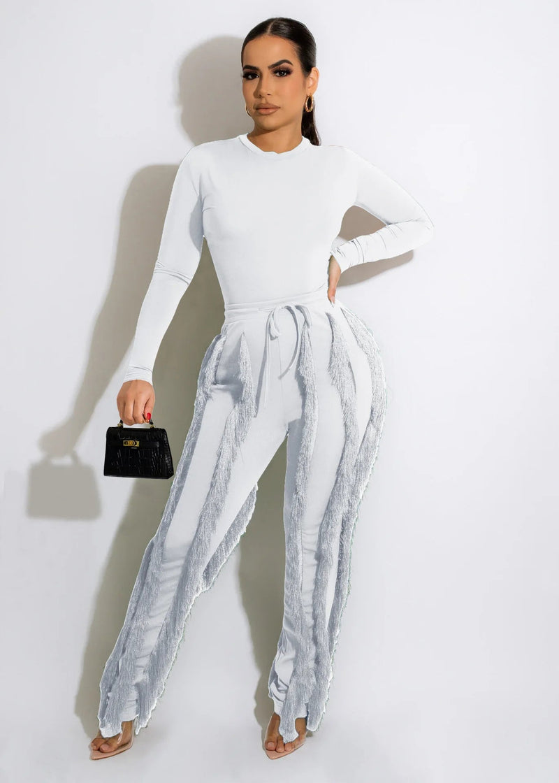 RQR Long Sleeve Bodysuit Tassel Pant Set - Real Queen Royalty