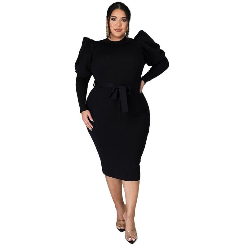 Real Queen Puff Sleeve Bodycon Dress with Belt