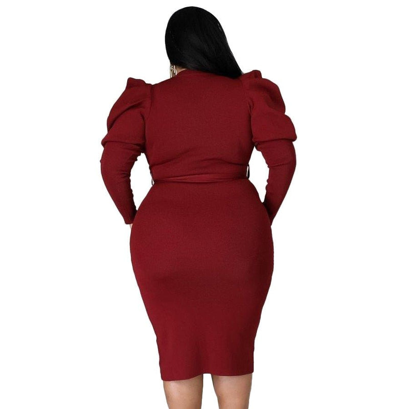 Real Queen Puff Sleeve Bodycon Dress with Belt